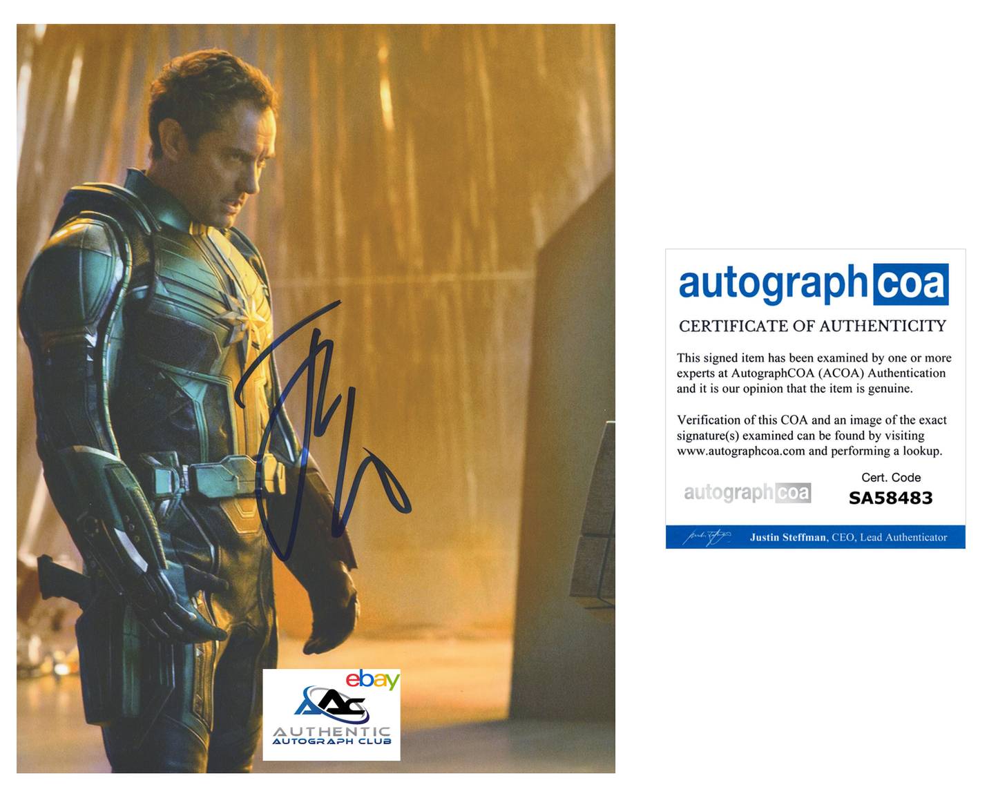 JUDE LAW AUTOGRAPH SIGNED 8X10 PHOTO CAPTAIN MARVEL ACOA