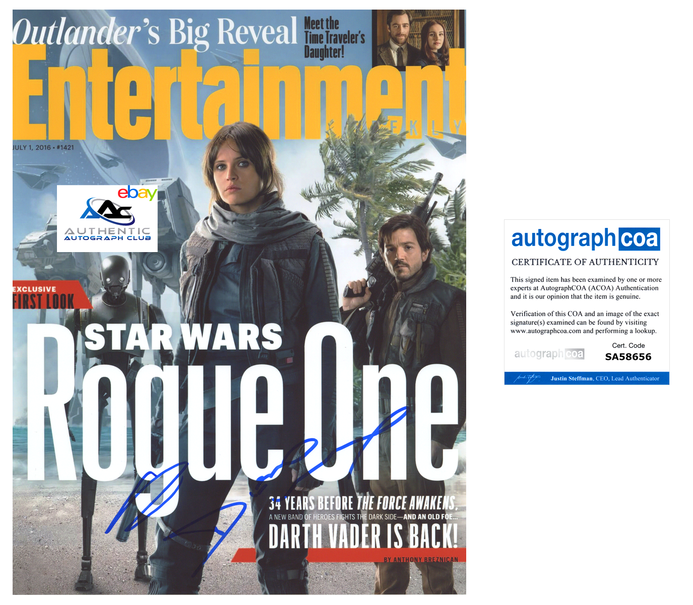 FELICITY JONES DIEGO LUNA AUTOGRAPH SIGNED 11X14 PHOTO STAR WARS ROGUE ONE ACOA