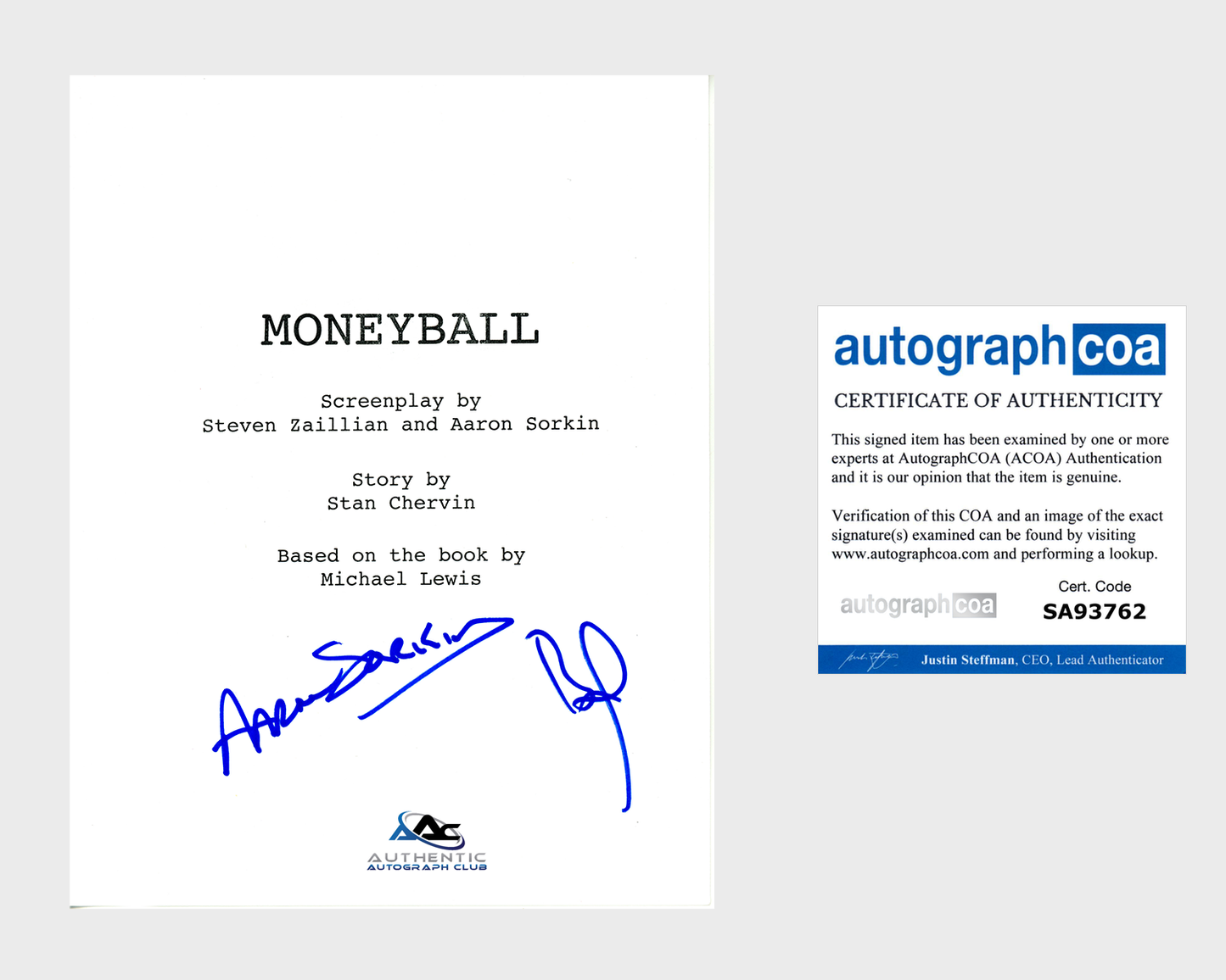 AARON SORKIN AND BRAD PITT AUTOGRAPH SIGNED MONEYBALL FULL MOVIE SCRIPT ACOA COA