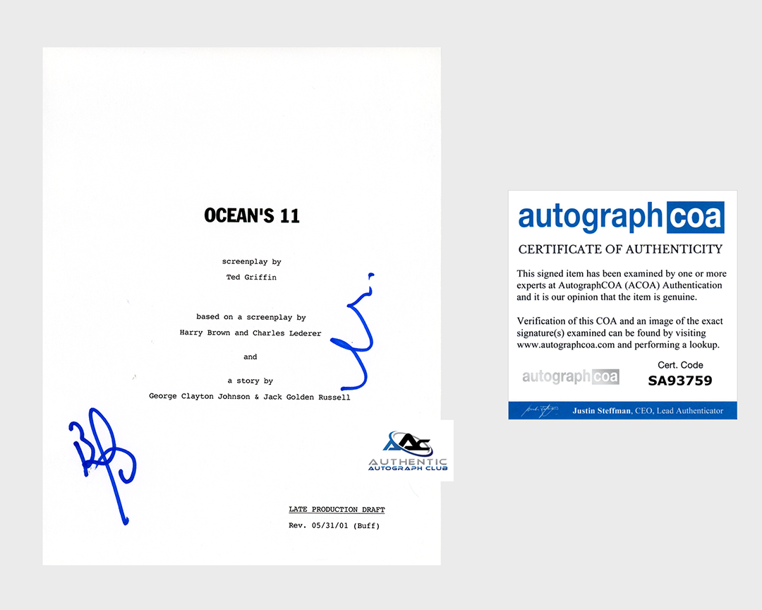 BRAD PITT AND MATT DAMON AUTOGRAPH SIGNED OCEAN'S 11 FULL MOVIE SCRIPT ACOA COA