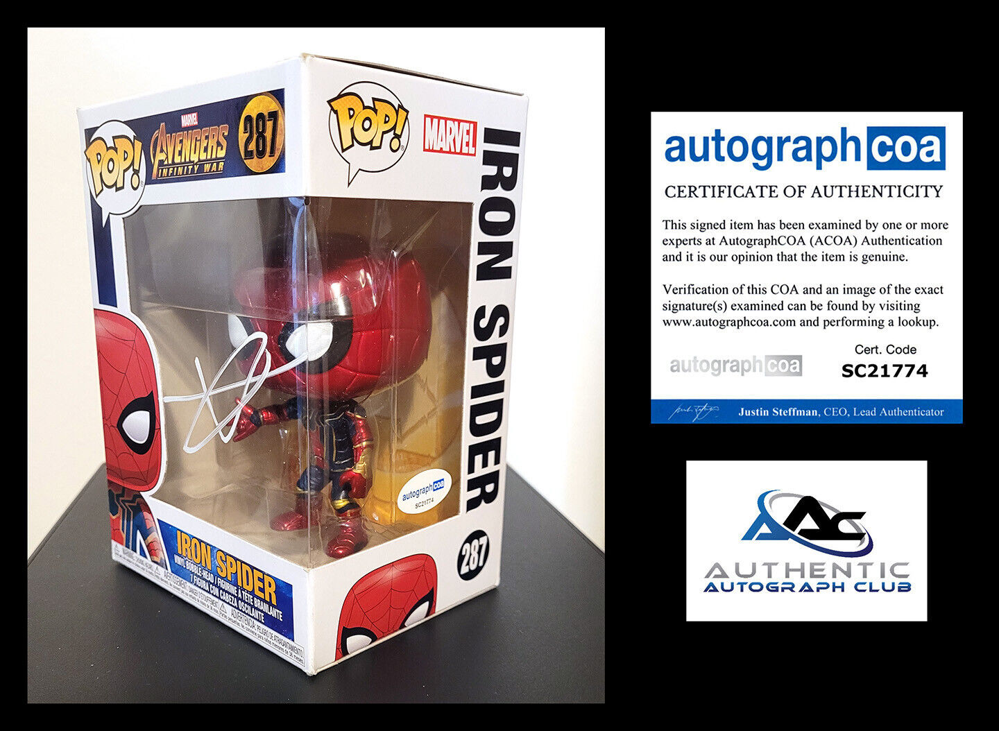 TOM HOLLAND AUTOGRAPH SIGNED IRON SPIDER SPIDERMAN FUNKO POP 287 MARVEL ACOA