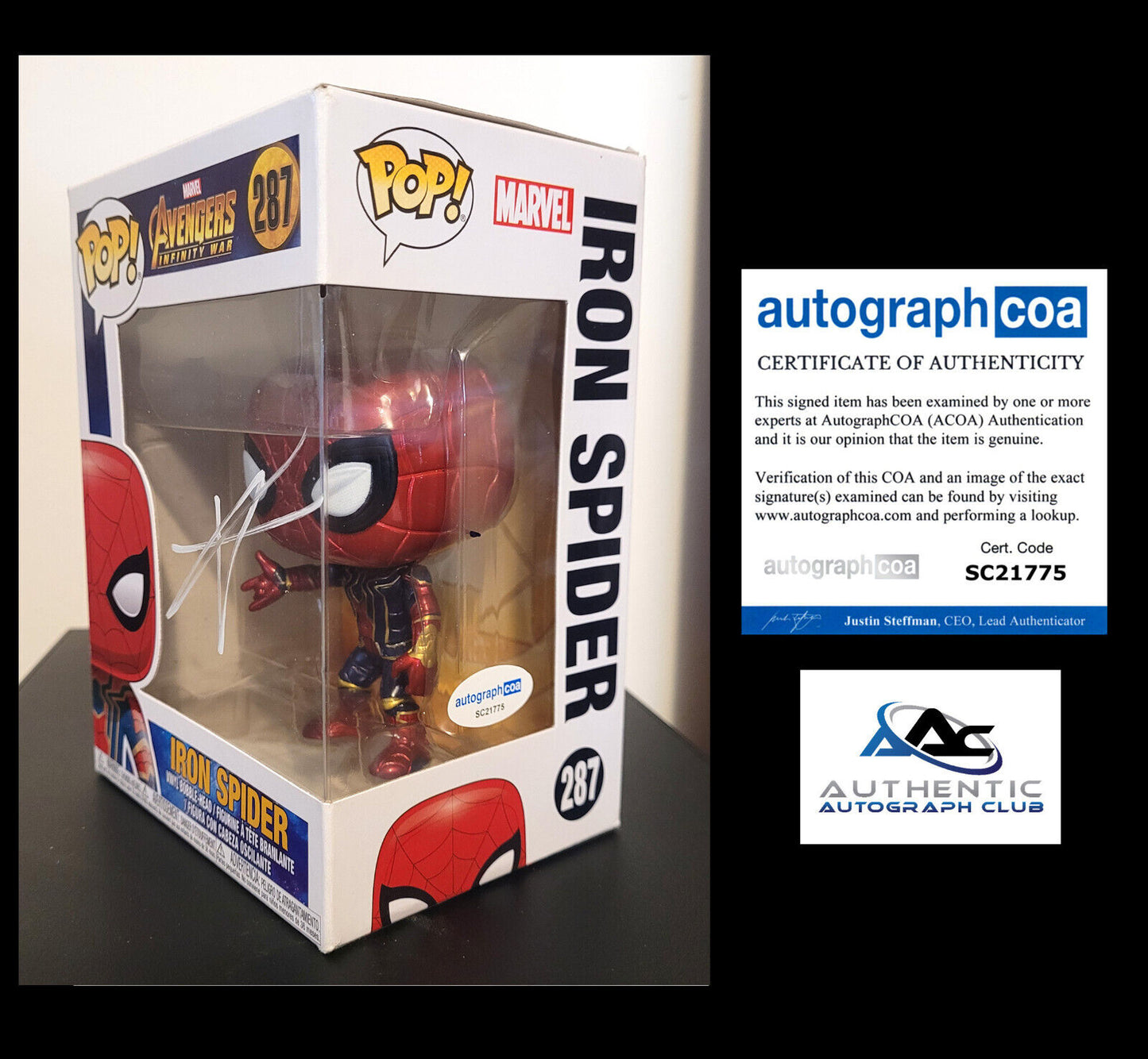 TOM HOLLAND AUTOGRAPH SIGNED IRON SPIDER SPIDERMAN FUNKO POP 287 MARVEL ACOA