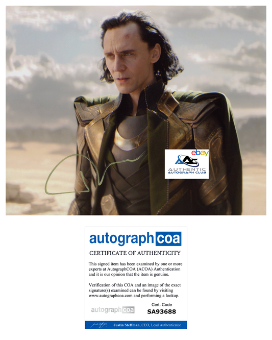 TOM HIDDLESTON AUTOGRAPH SIGNED 8X10 PHOTO LOKI THOR AVENGERS MARVEL ACOA COA