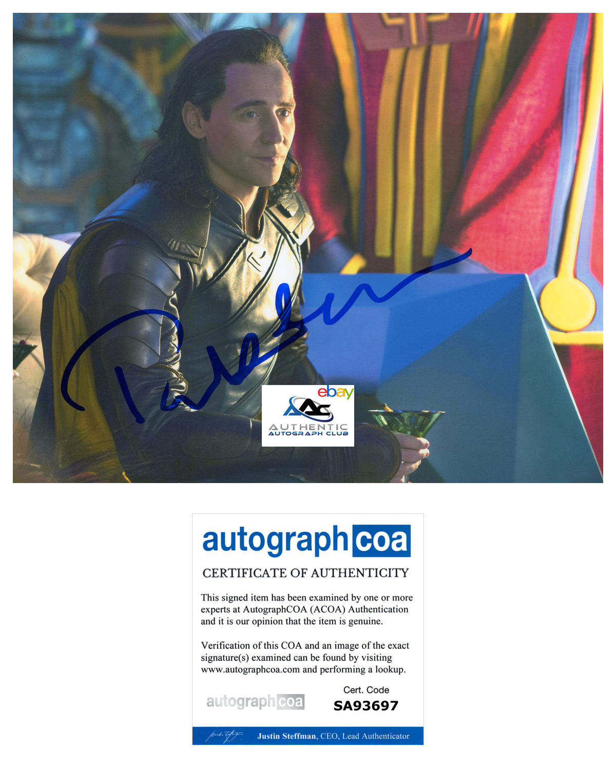 TOM HIDDLESTON AUTOGRAPH SIGNED 8X10 PHOTO LOKI THOR AVENGERS MARVEL ACOA COA