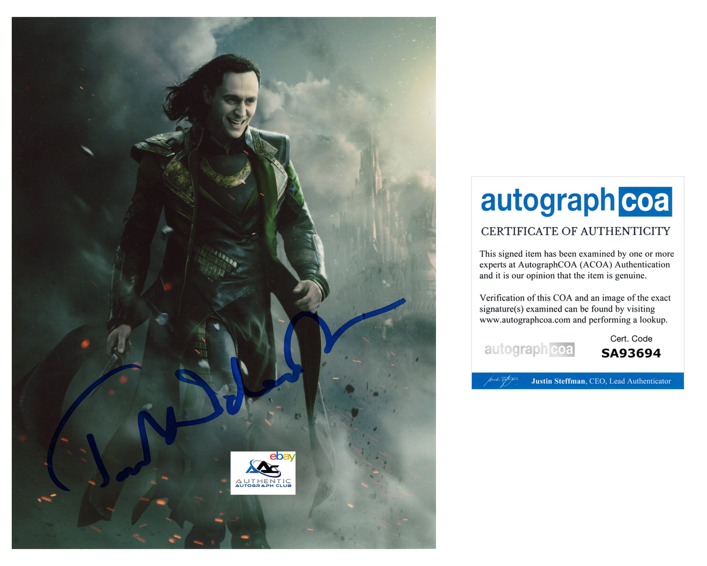 TOM HIDDLESTON AUTOGRAPH SIGNED 8X10 PHOTO LOKI THOR AVENGERS MARVEL ACOA COA