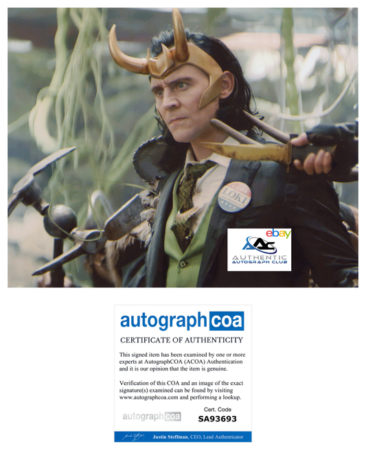 TOM HIDDLESTON AUTOGRAPH SIGNED 8X10 PHOTO LOKI THOR AVENGERS MARVEL ACOA COA