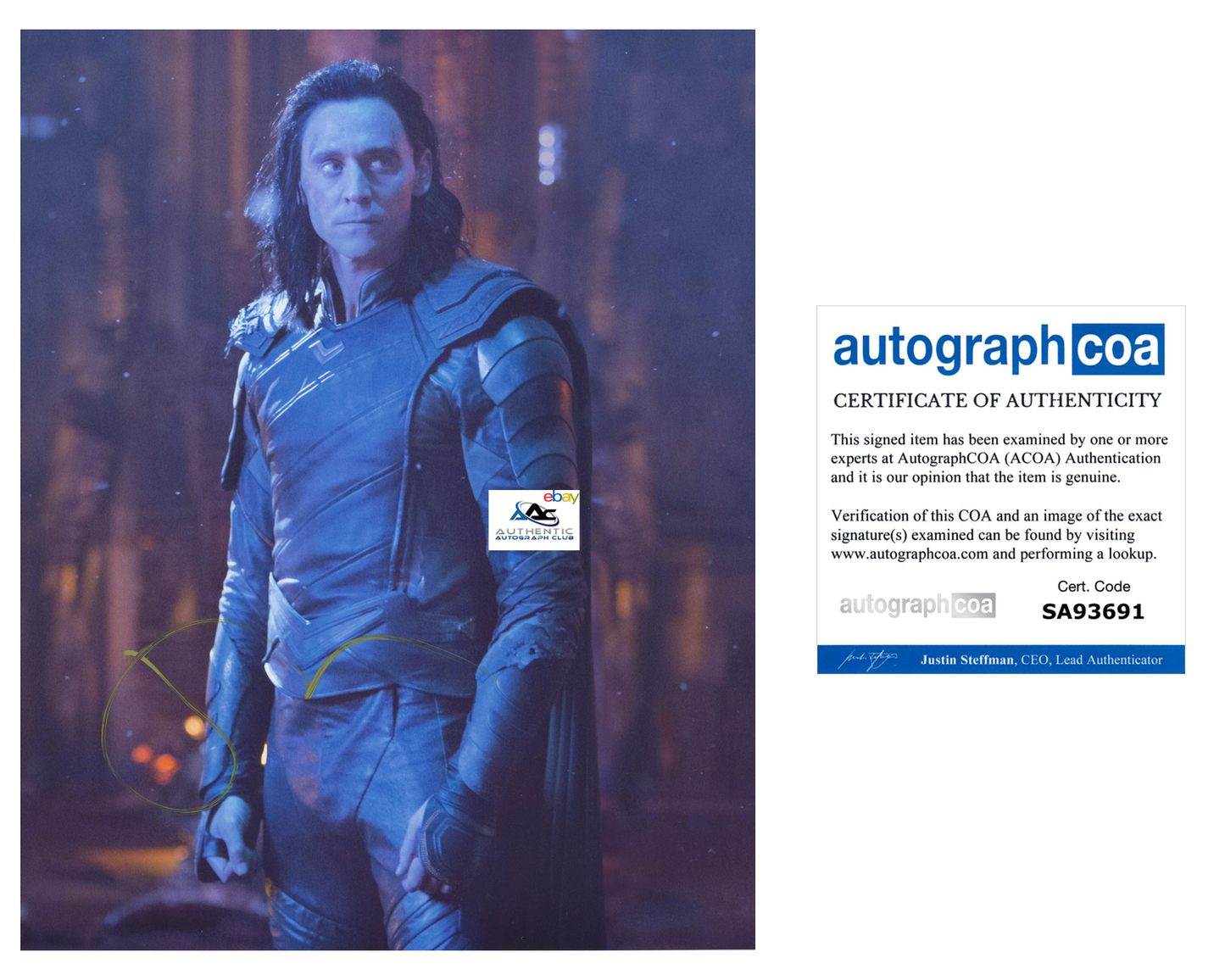 TOM HIDDLESTON AUTOGRAPH SIGNED 8X10 PHOTO LOKI THOR AVENGERS MARVEL ACOA COA