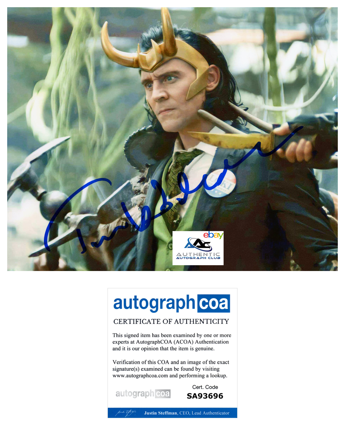 TOM HIDDLESTON AUTOGRAPH SIGNED 8X10 PHOTO LOKI THOR AVENGERS MARVEL ACOA COA