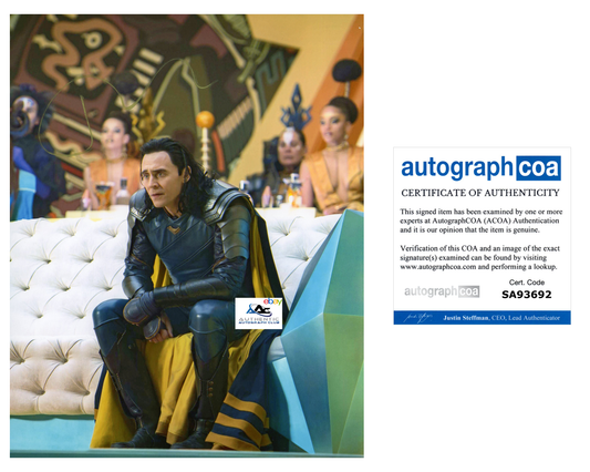 TOM HIDDLESTON AUTOGRAPH SIGNED 8X10 PHOTO LOKI THOR AVENGERS MARVEL ACOA COA