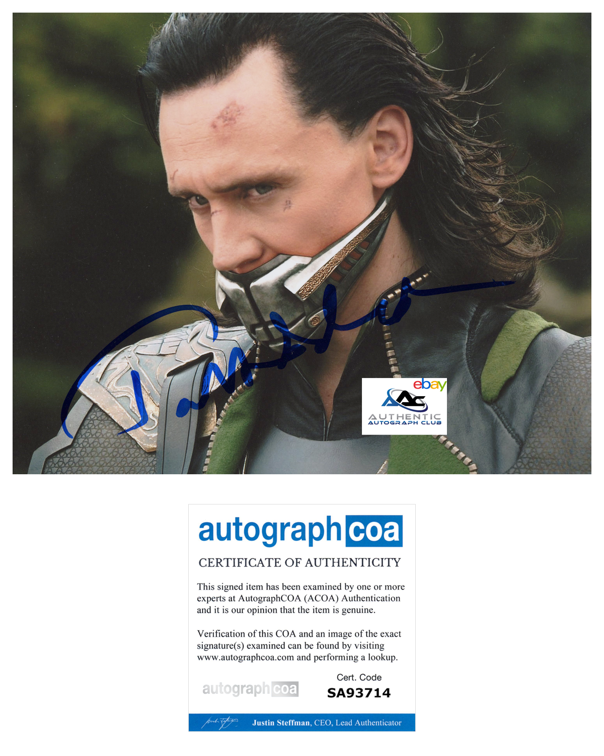 TOM HIDDLESTON AUTOGRAPH SIGNED 8X10 PHOTO LOKI THOR AVENGERS MARVEL ACOA COA