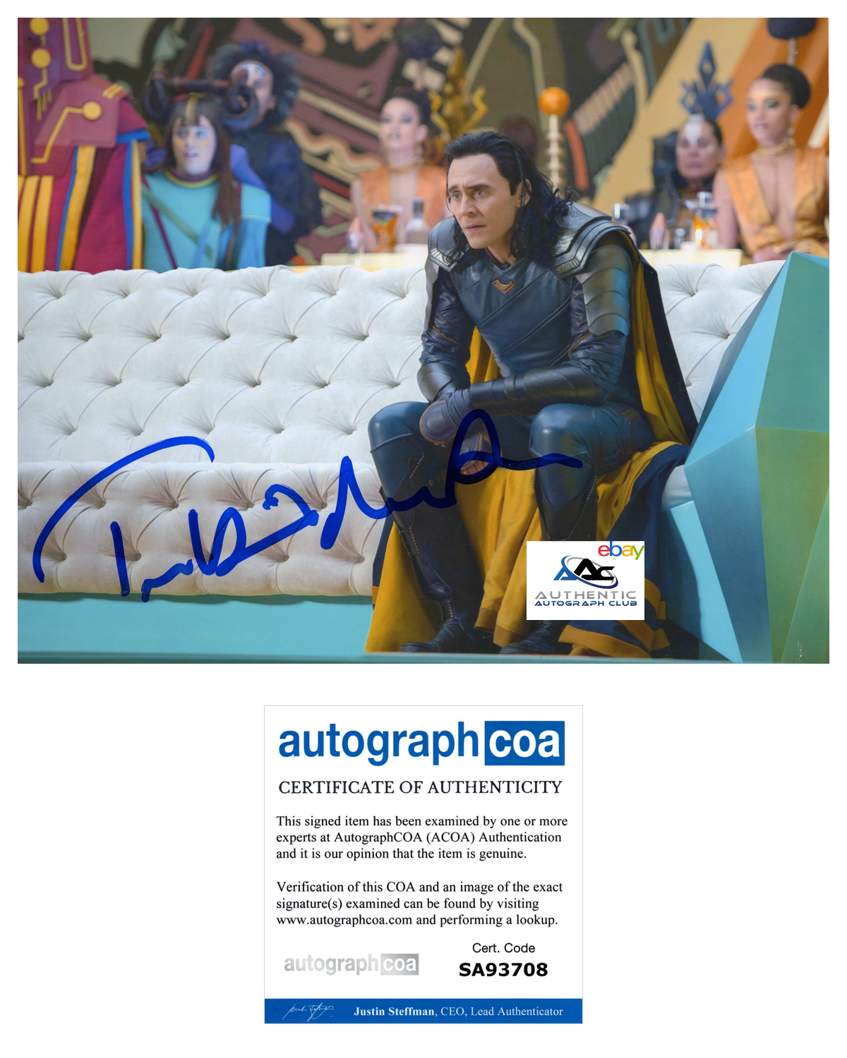 TOM HIDDLESTON AUTOGRAPH SIGNED 8X10 PHOTO LOKI THOR AVENGERS MARVEL ACOA COA