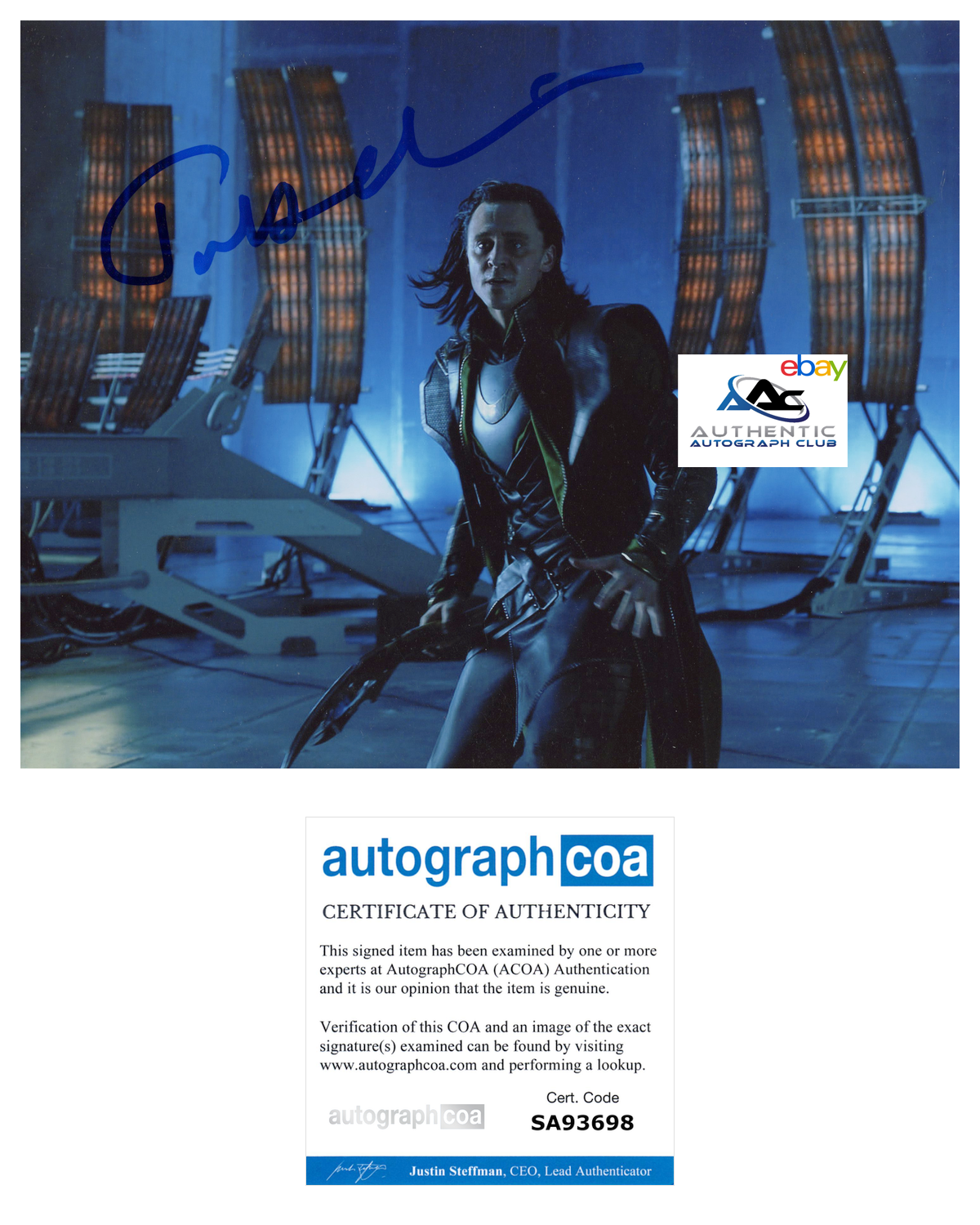 TOM HIDDLESTON AUTOGRAPH SIGNED 8X10 PHOTO LOKI THOR AVENGERS MARVEL ACOA COA