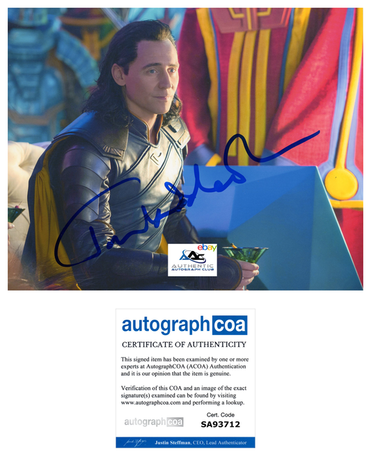 TOM HIDDLESTON AUTOGRAPH SIGNED 8X10 PHOTO LOKI THOR AVENGERS MARVEL ACOA COA