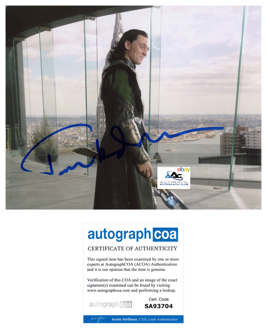 TOM HIDDLESTON AUTOGRAPH SIGNED 8X10 PHOTO LOKI THOR AVENGERS MARVEL ACOA COA