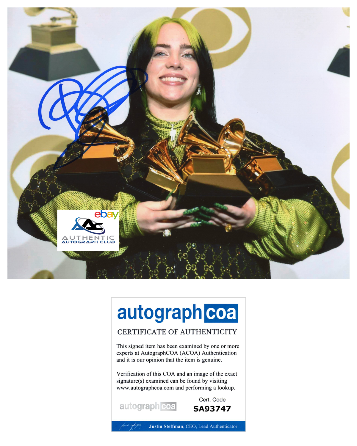 BILLIE EILISH AUTOGRAPH SIGNED 8x10 PHOTO SINGER ACOA COA