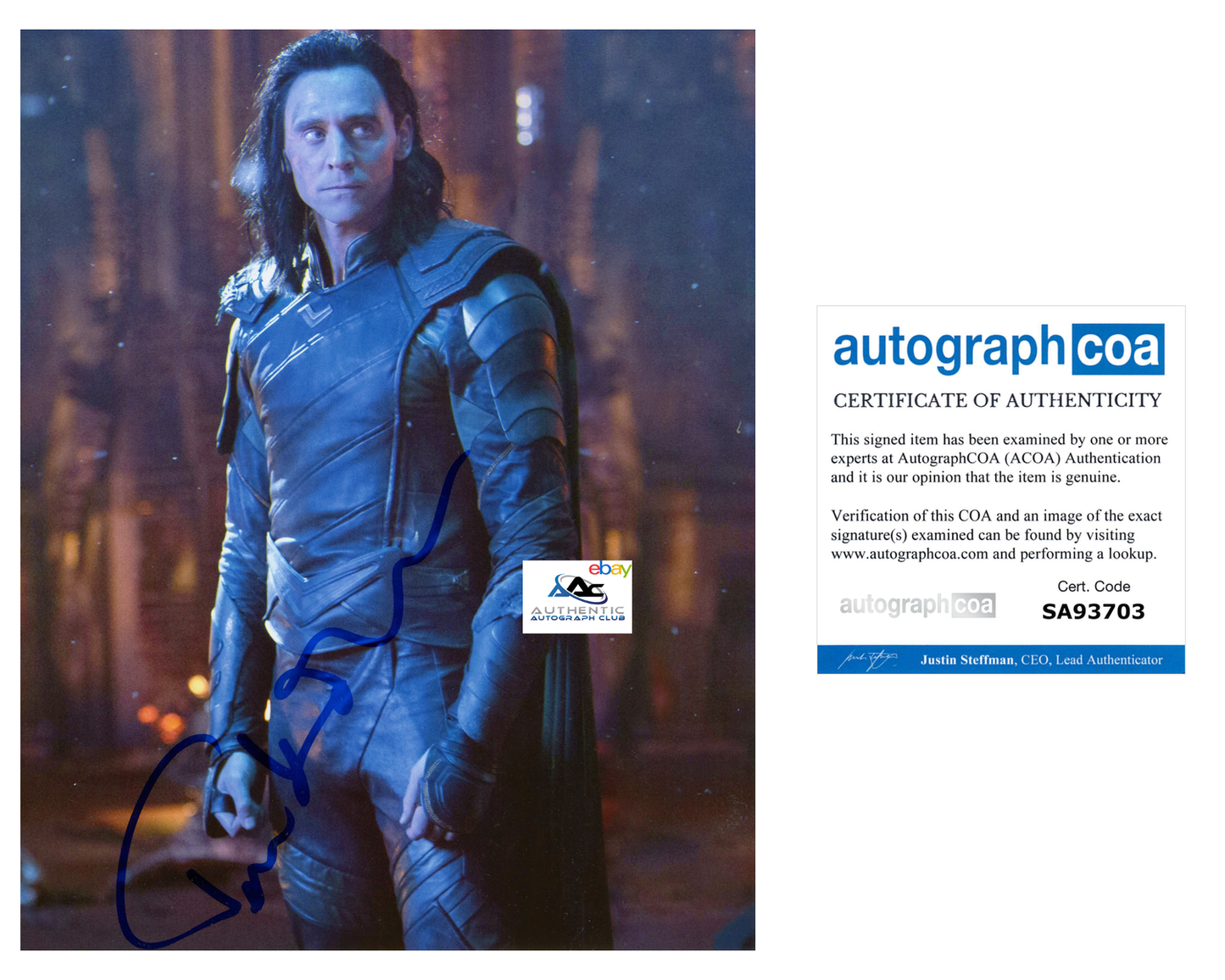 TOM HIDDLESTON AUTOGRAPH SIGNED 8X10 PHOTO LOKI THOR AVENGERS MARVEL ACOA COA