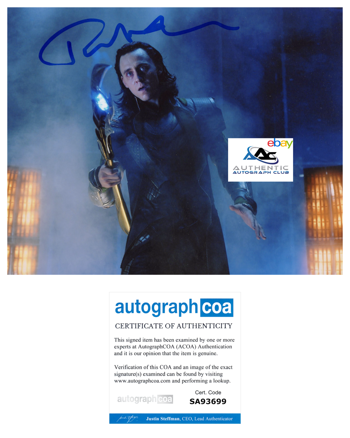 TOM HIDDLESTON AUTOGRAPH SIGNED 8X10 PHOTO LOKI THOR AVENGERS MARVEL ACOA COA