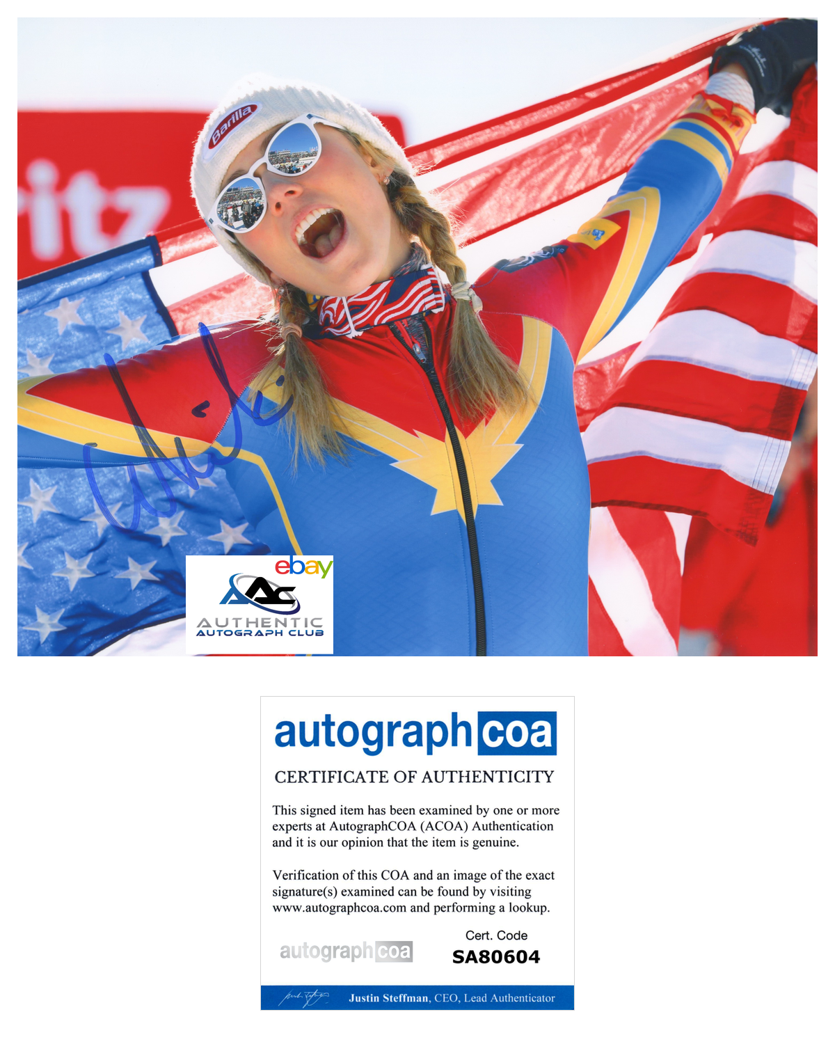 MIKAELA SHIFFRIN AUTOGRAPH SIGNED 8x10 PHOTO USA OLYMPICS SKIER GOLD WINNER ACOA