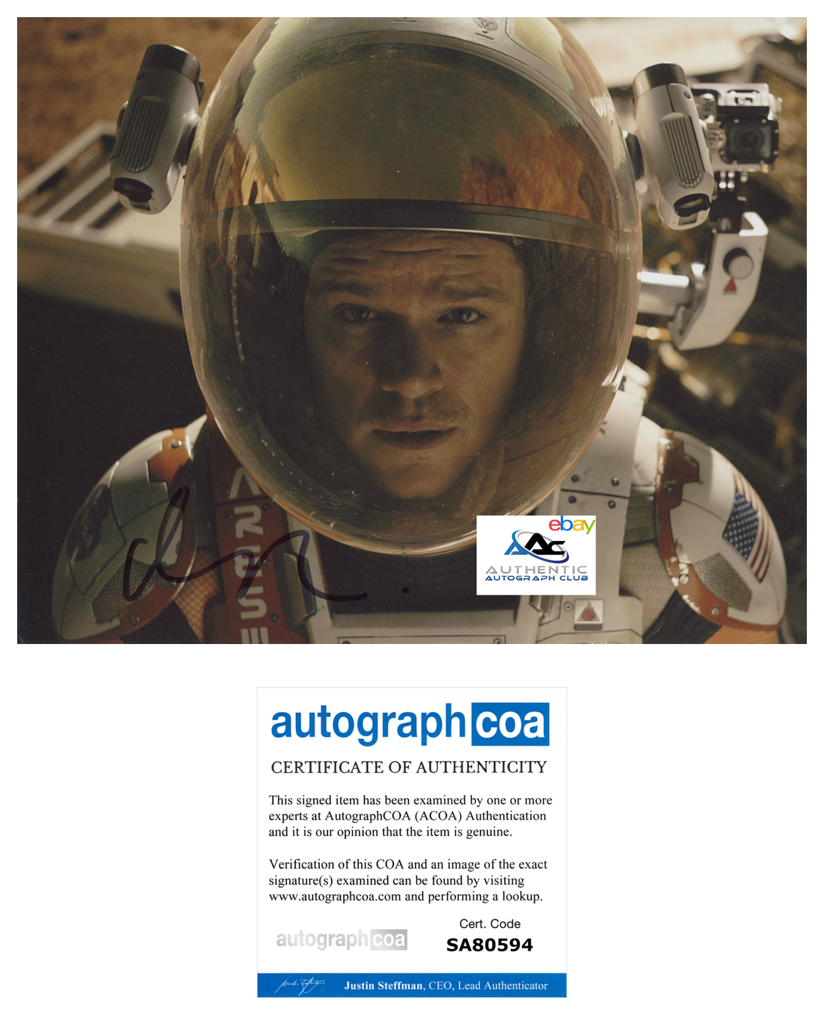 MATT DAMON AUTOGRAPH SIGNED 8x10 PHOTO THE MARTIAN ACOA