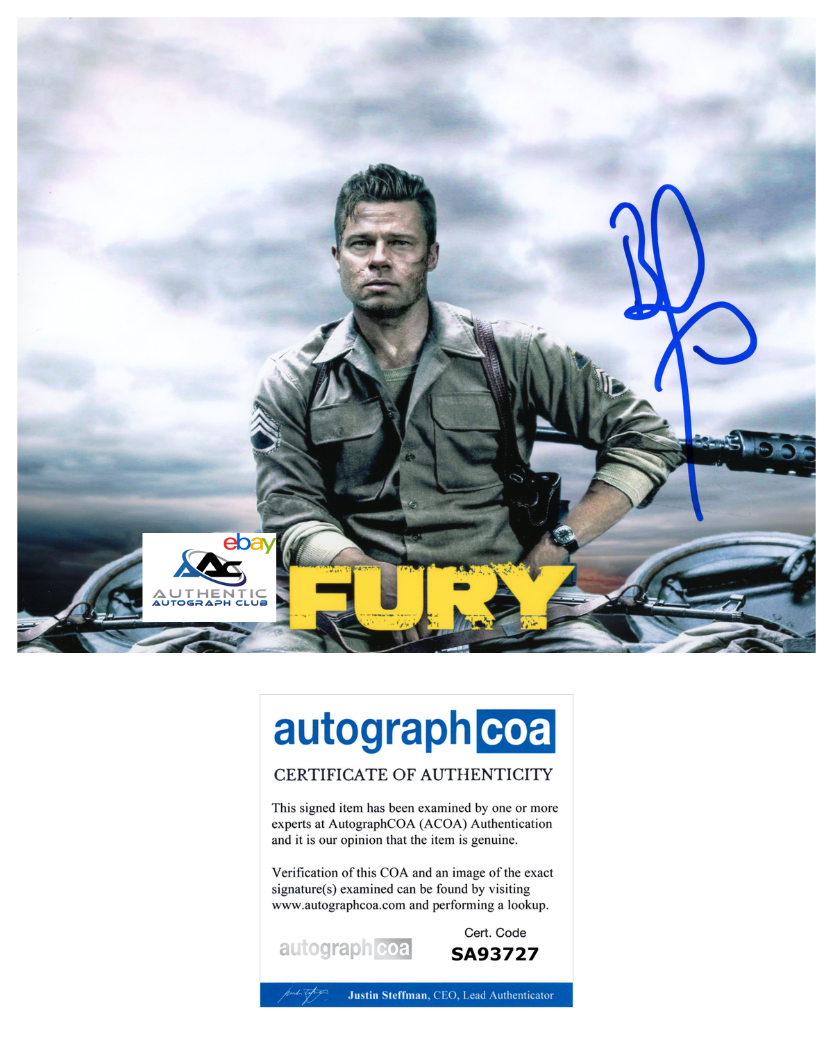 BRAD PITT AUTOGRAPH SIGNED 8x10 PHOTO FURY ACOA COA