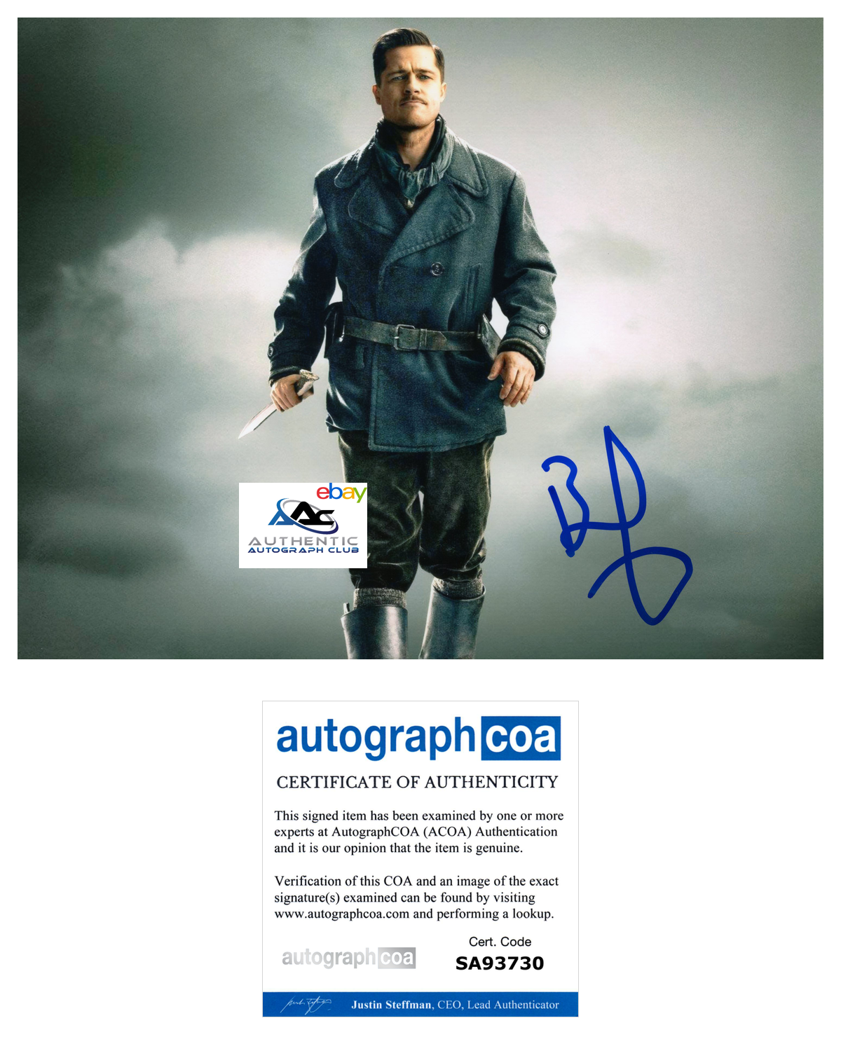 BRAD PITT AUTOGRAPH SIGNED 8x10 PHOTO INGLOURIOUS BASTERDS ACOA COA