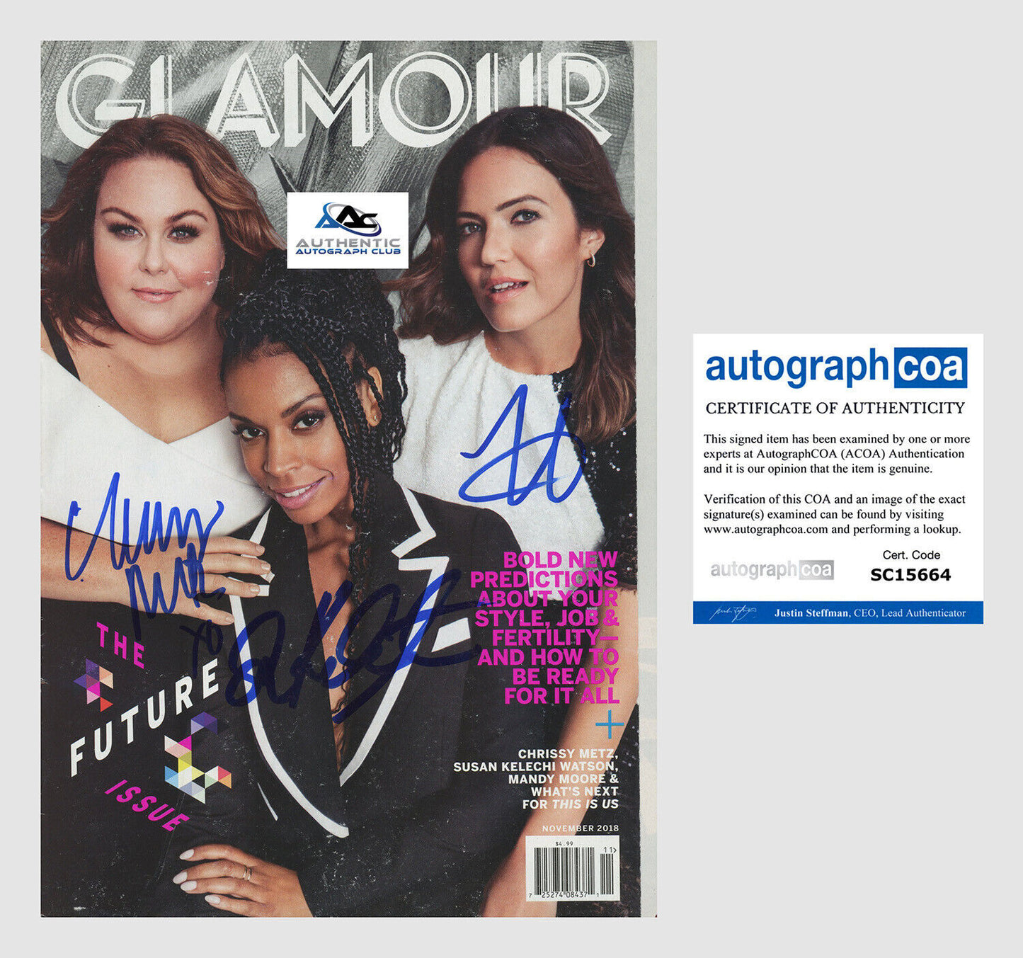 CHRISSY METZ, SUSAN WATSON, MANDY MOORE AUTOGRAPH SIGNED GLAMOUR MAGAZINE ACOA