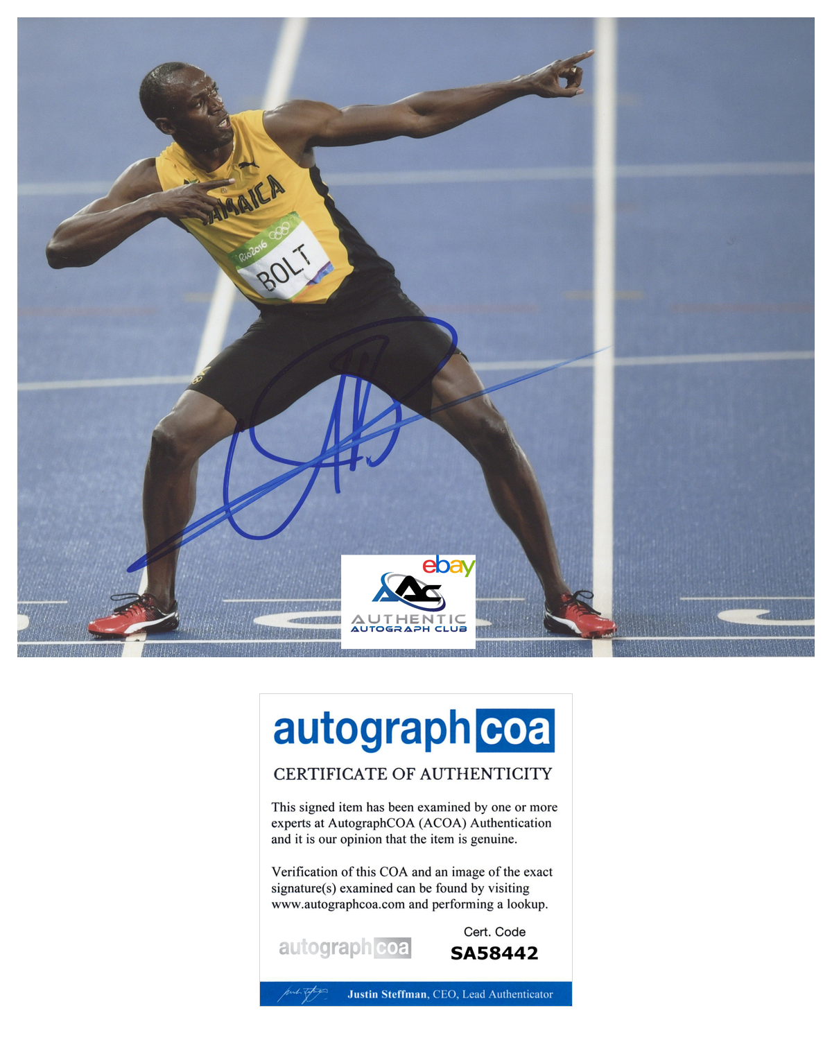 USAIN BOLT AUTOGRAPH SIGNED 8X10 PHOTO OLYMPIC GOLD MEDALIST ACOA