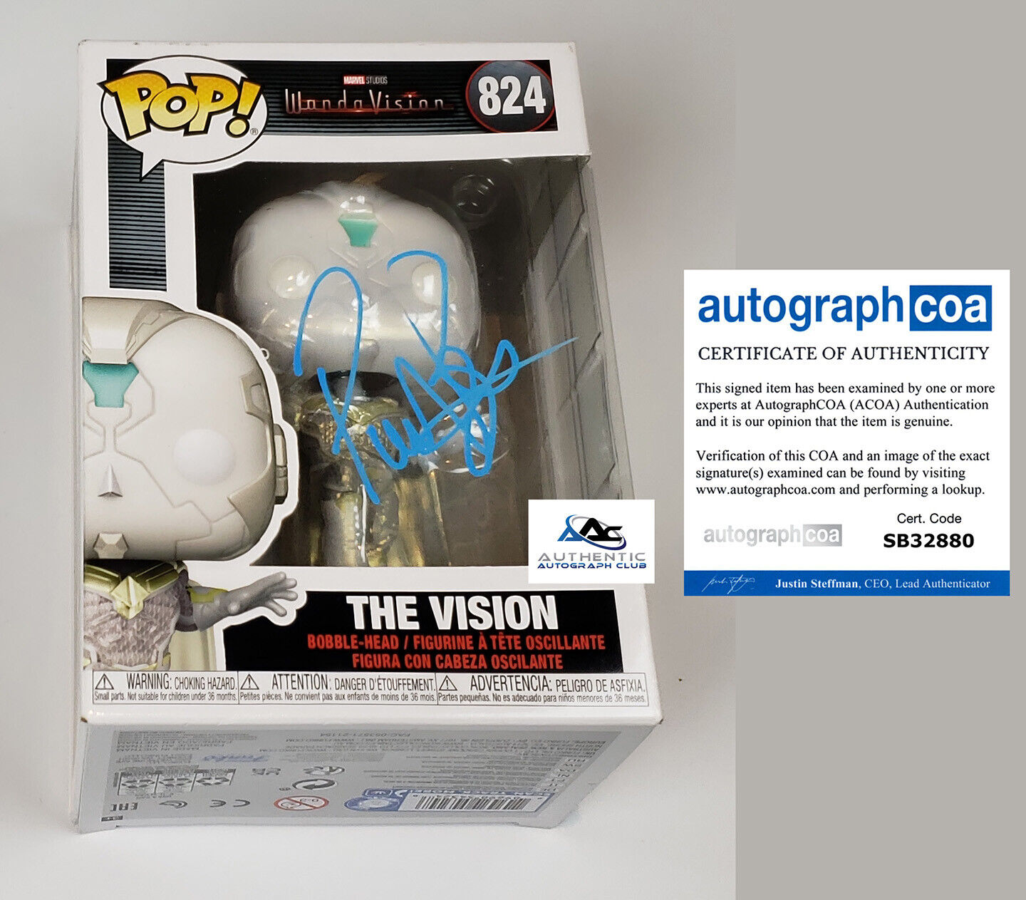 PAUL BETTANY AUTOGRAPH SIGNED MARVEL VISION WANDAVISION FUNKO POP 824 ACOA