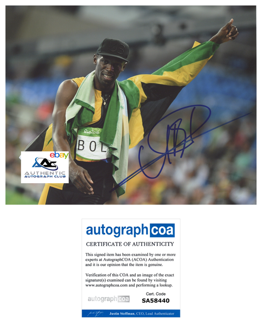 USAIN BOLT AUTOGRAPH SIGNED 8X10 PHOTO OLYMPIC GOLD MEDALIST ACOA