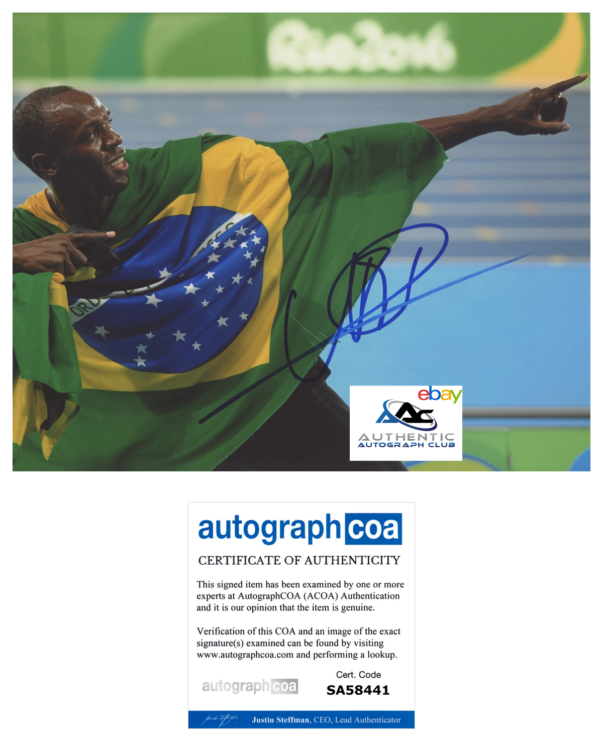 USAIN BOLT AUTOGRAPH SIGNED 8X10 PHOTO OLYMPIC GOLD MEDALIST ACOA