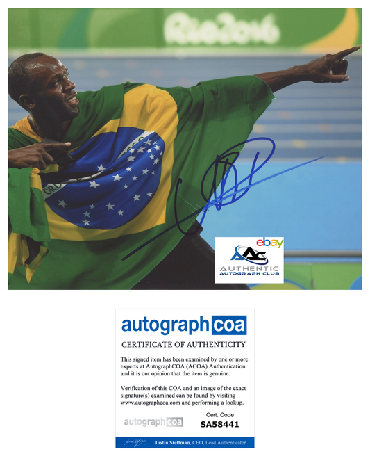 USAIN BOLT AUTOGRAPH SIGNED 8X10 PHOTO OLYMPIC GOLD MEDALIST ACOA