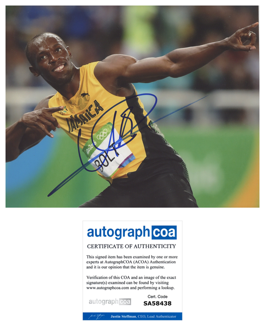 USAIN BOLT AUTOGRAPH SIGNED 8X10 PHOTO OLYMPIC GOLD MEDALIST ACOA