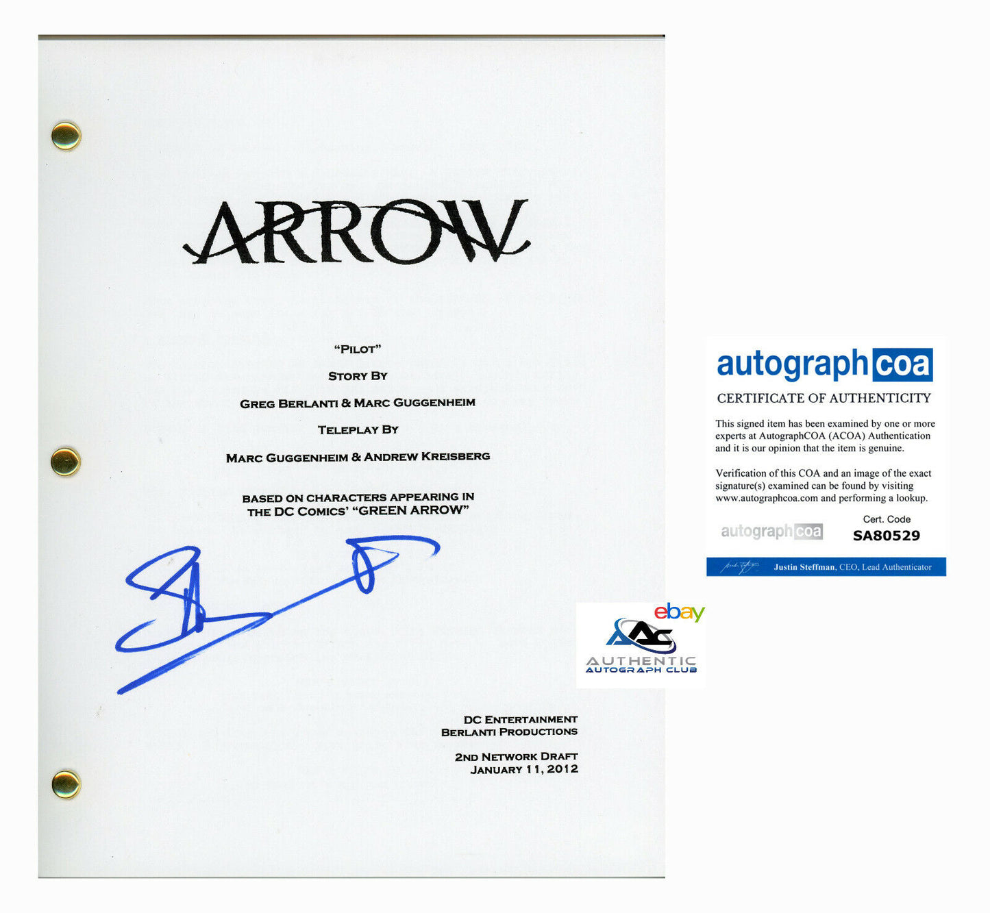 STEPHEN AMELL AUTOGRAPH SIGNED ARROW COMPLETE FULL SCRIPT ACOA