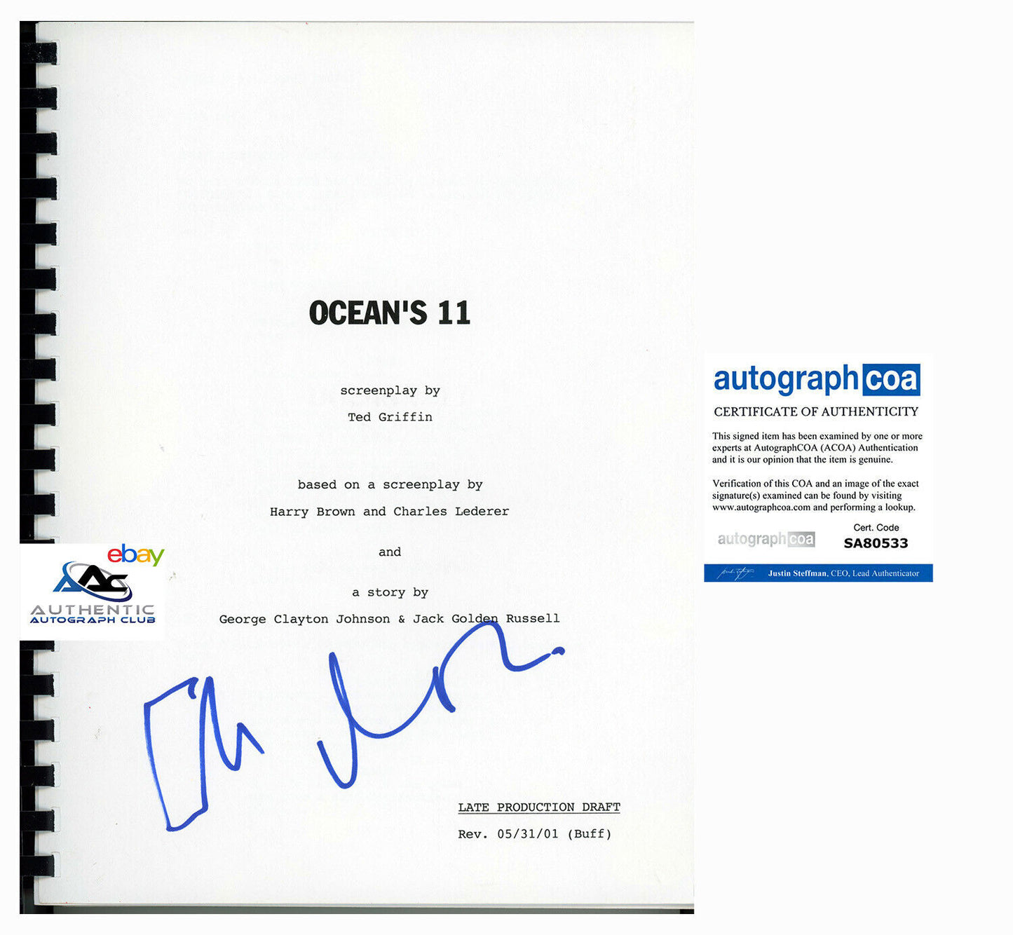 GEORGE CLOONEY MATT DAMON AUTOGRAPH SIGNED OCEAN'S 11 COMPLETE FULL SCRIPT ACOA