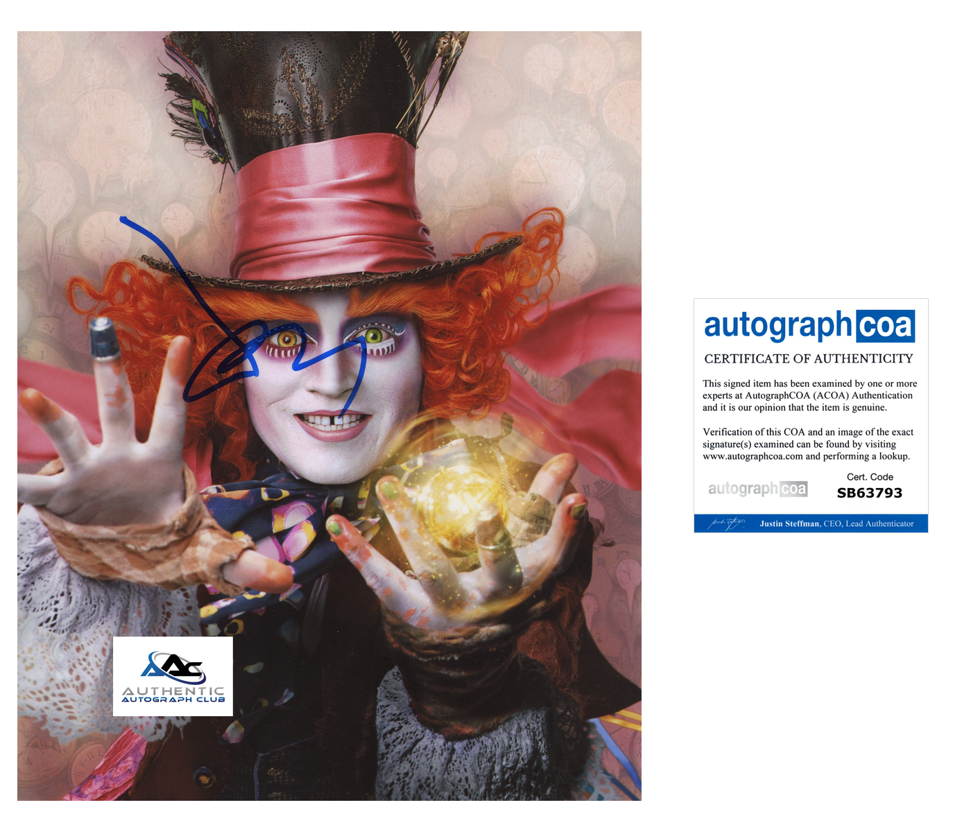 JOHNNY DEPP AUTOGRAPH SIGNED 8x10 PHOTO ALICE IN WONDERLAND MAD HATTER ACOA