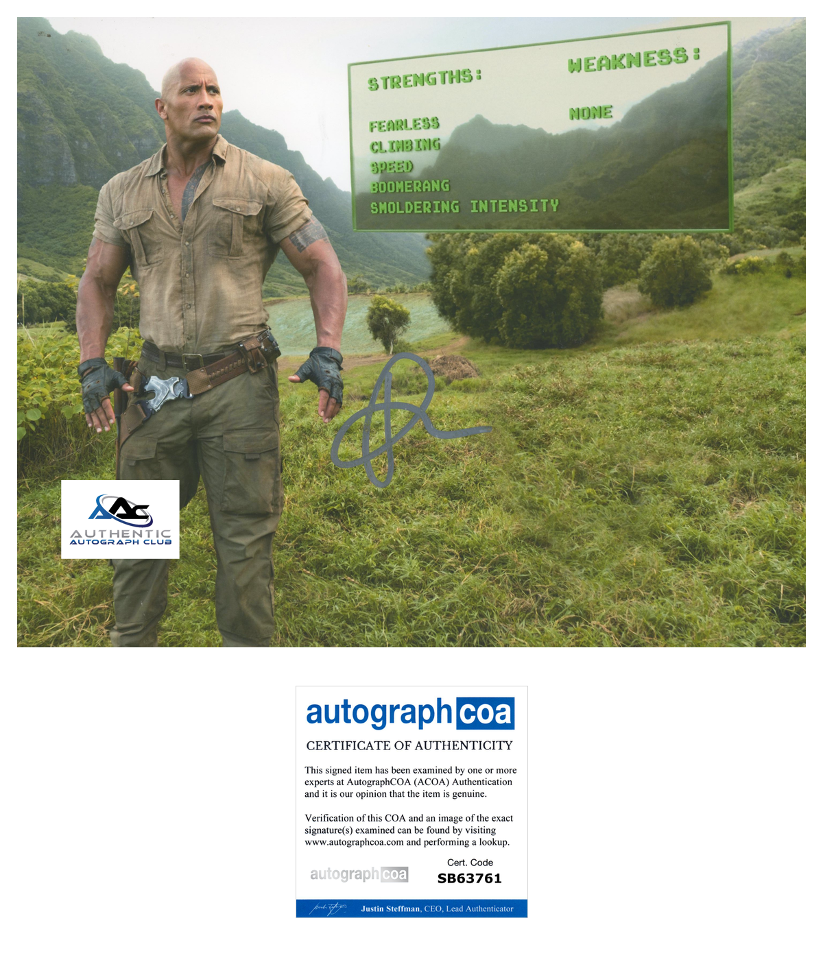 THE ROCK DWAYNE JOHNSON AUTOGRAPH SIGNED 8X10 PHOTO JUMANJI ACOA