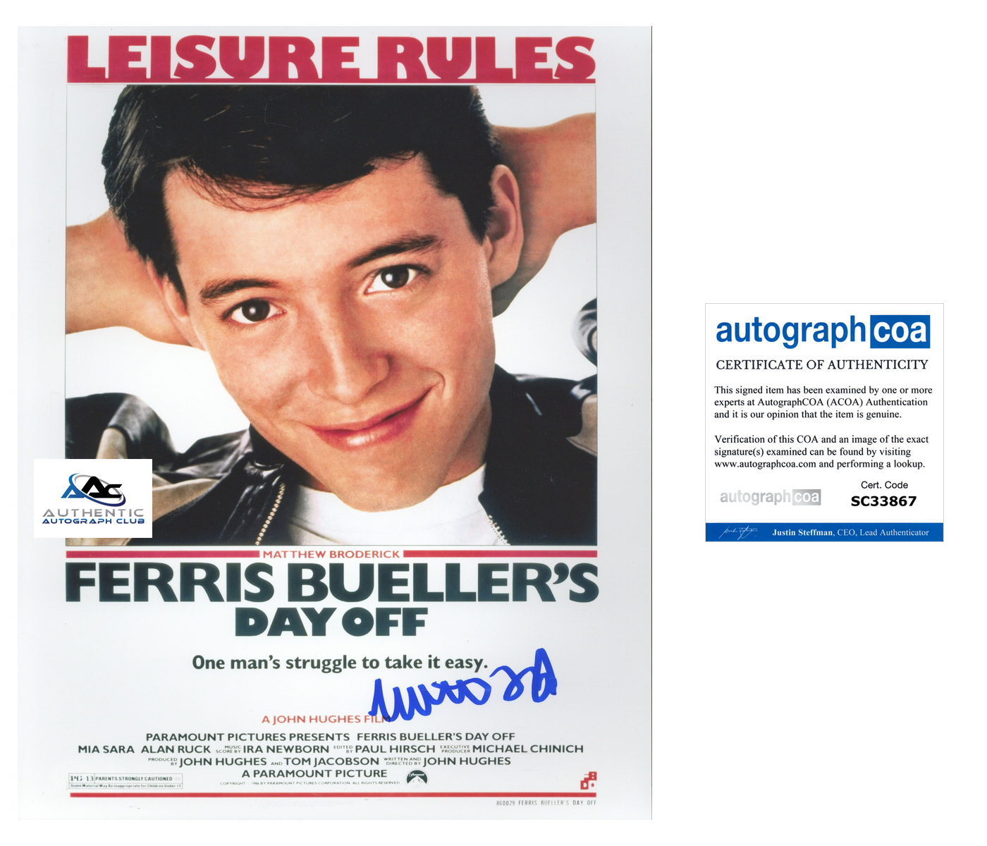 MATTHEW BRODERICK AUTOGRAPH SIGNED FERRIS BUELLER'S DAY OFF 8X10 PHOTO ACOA