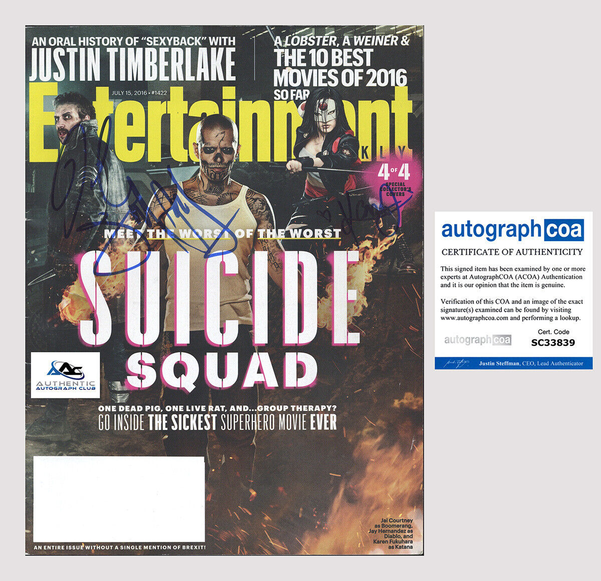 JAI COURTNEY, JAY HERNANDEZ, KAREN FUKUHARA SIGNED MAGAZINE SUICIDE SQUAD ACOA