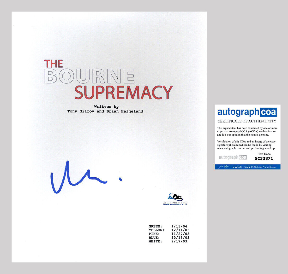 MATT DAMON AUTOGRAPH SIGNED THE BOURNE SUPREMACY COMPLETE FULL SCRIPT ACOA