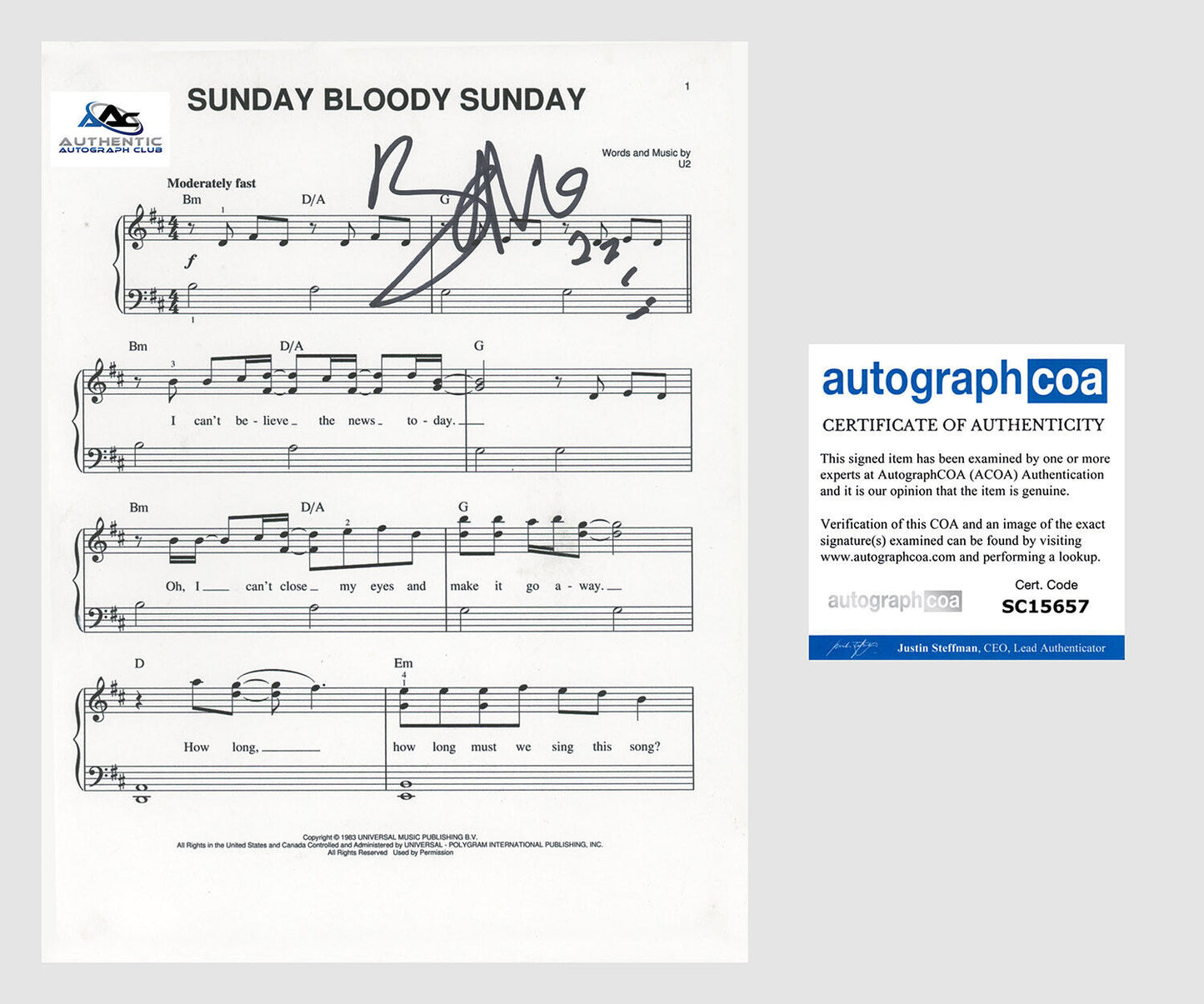 BONO AUTOGRAPH SIGNED U2 SUNDAY BLOODY SUNDAY SHEET MUSIC ACOA