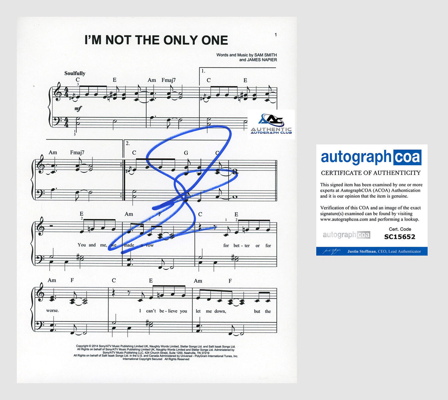 SAM SMITH AUTOGRAPH SIGNED I'M NOT THE ONLY ONE SHEET MUSIC ACOA