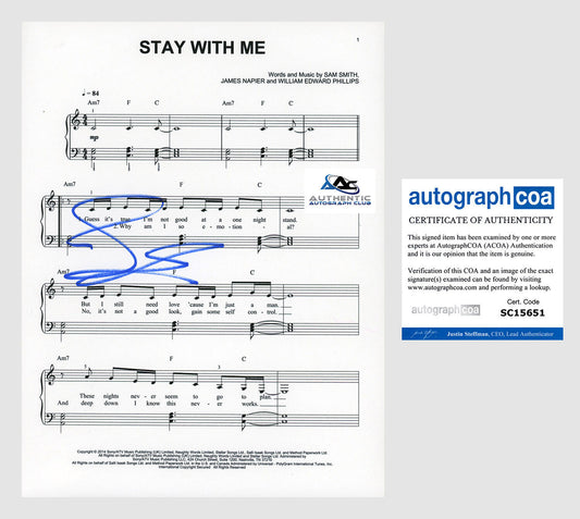 SAM SMITH AUTOGRAPH SIGNED STAY WITH ME SHEET MUSIC ACOA