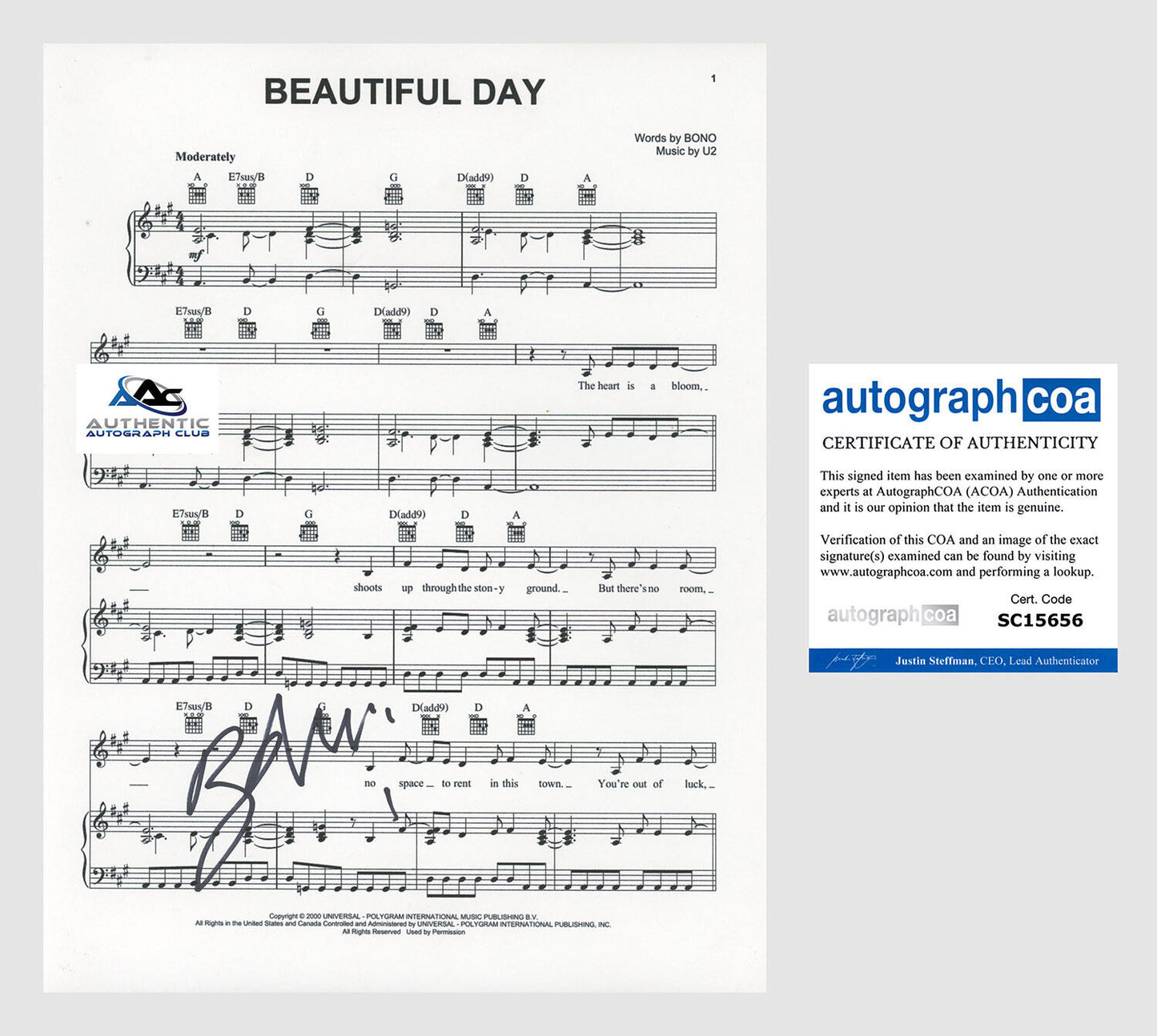 BONO AUTOGRAPH SIGNED U2 BEAUTIFUL DAY SHEET MUSIC ACOA