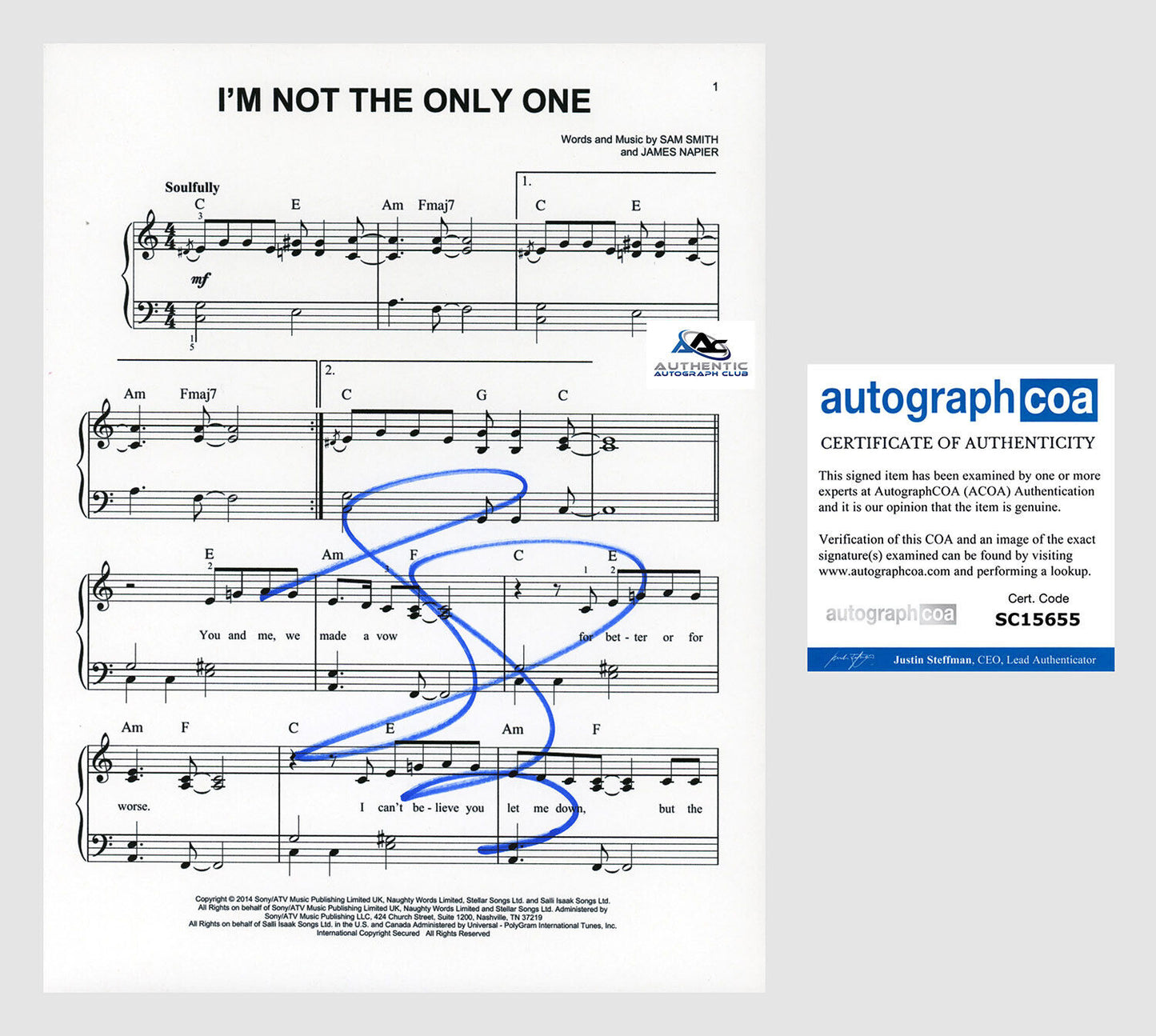 SAM SMITH AUTOGRAPH SIGNED I'M NOT THE ONLY ONE SHEET MUSIC ACOA