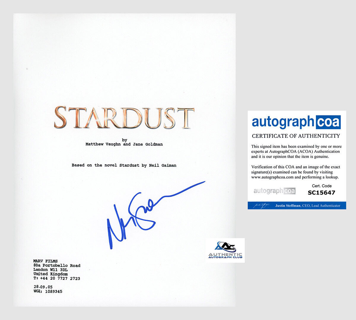 NEIL GAIMAN AUTOGRAPH SIGNED STARDUST COMPLETE SCRIPT ACOA