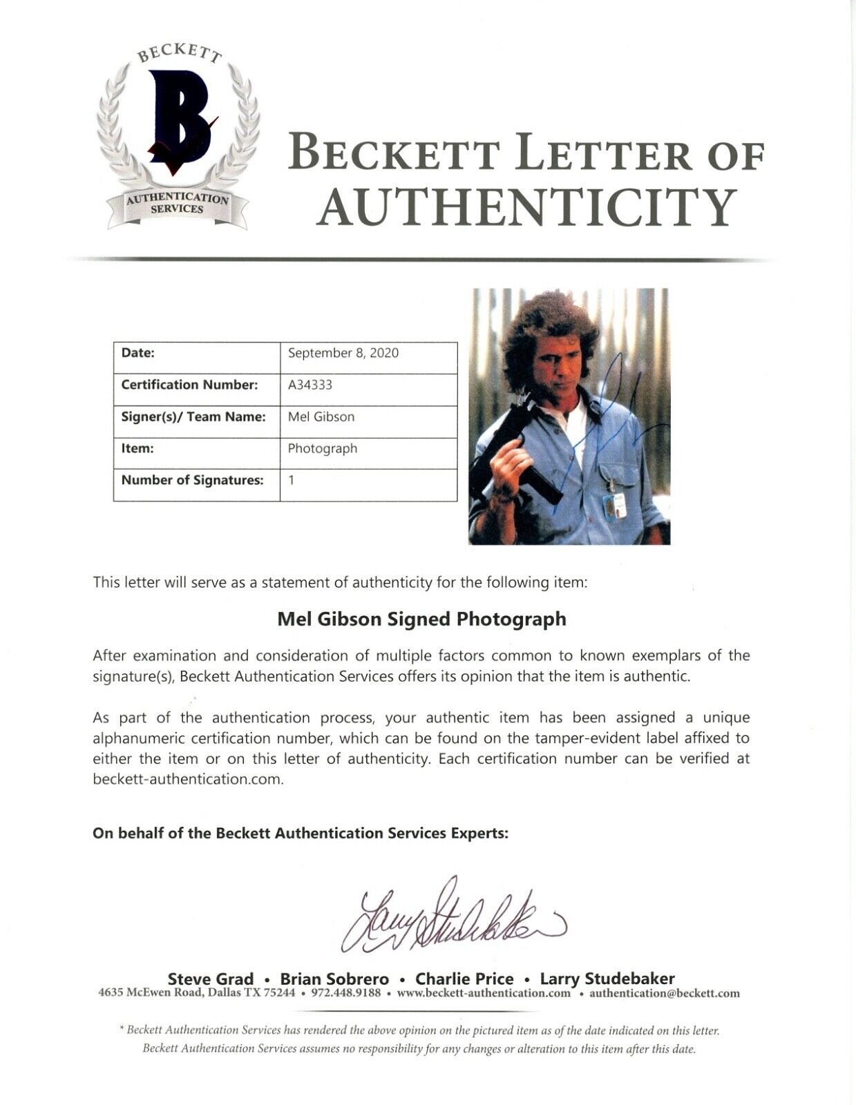 MEL GIBSON AUTOGRAPH SIGNED 11x14 PHOTO LETHAL WEAPON BECKETT BAS LETTER