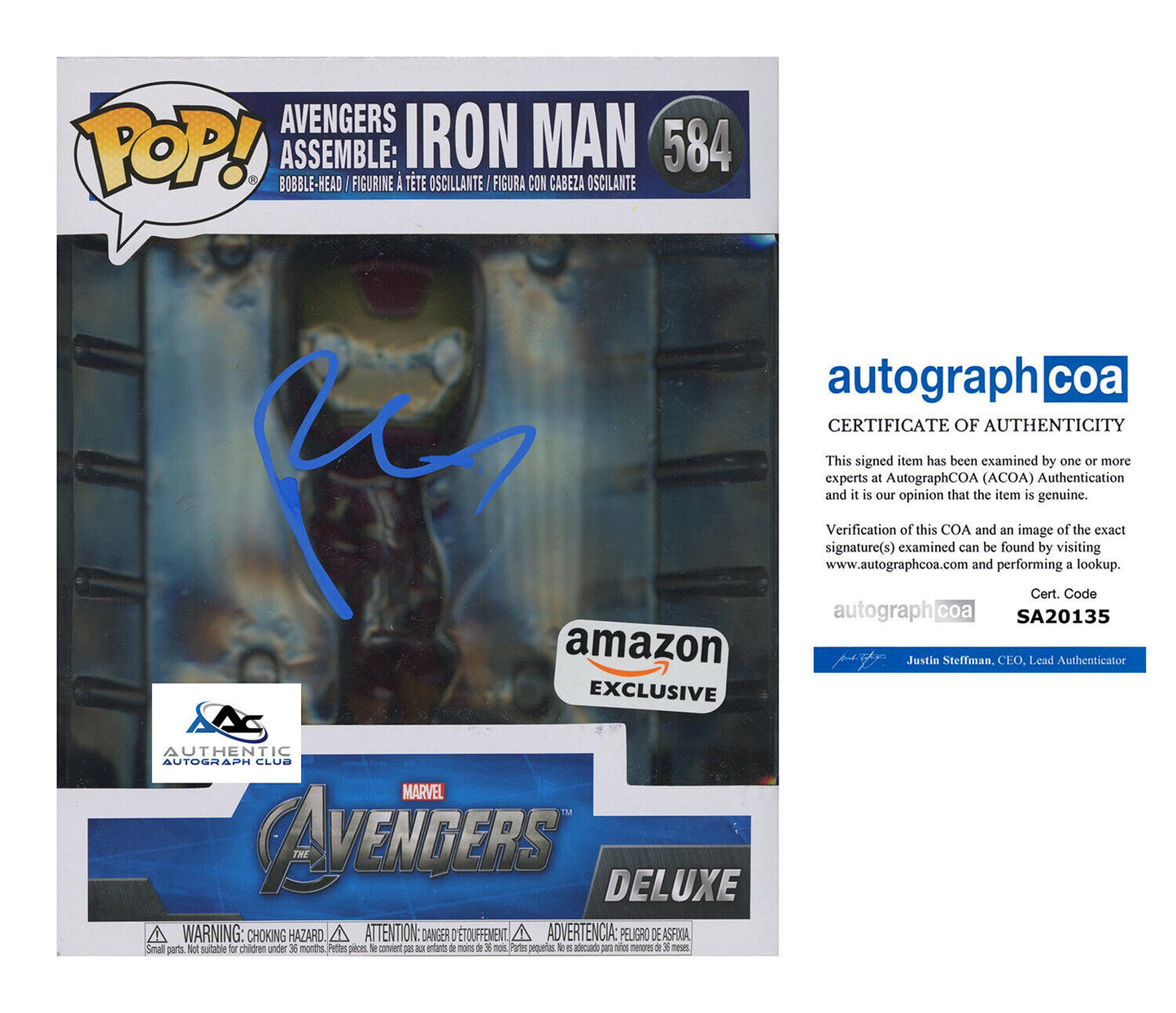 ROBERT DOWNEY JR AUTOGRAPH SIGNED MARVEL AVENGERS IRON MAN DELUXE FUNKO 584 ACOA