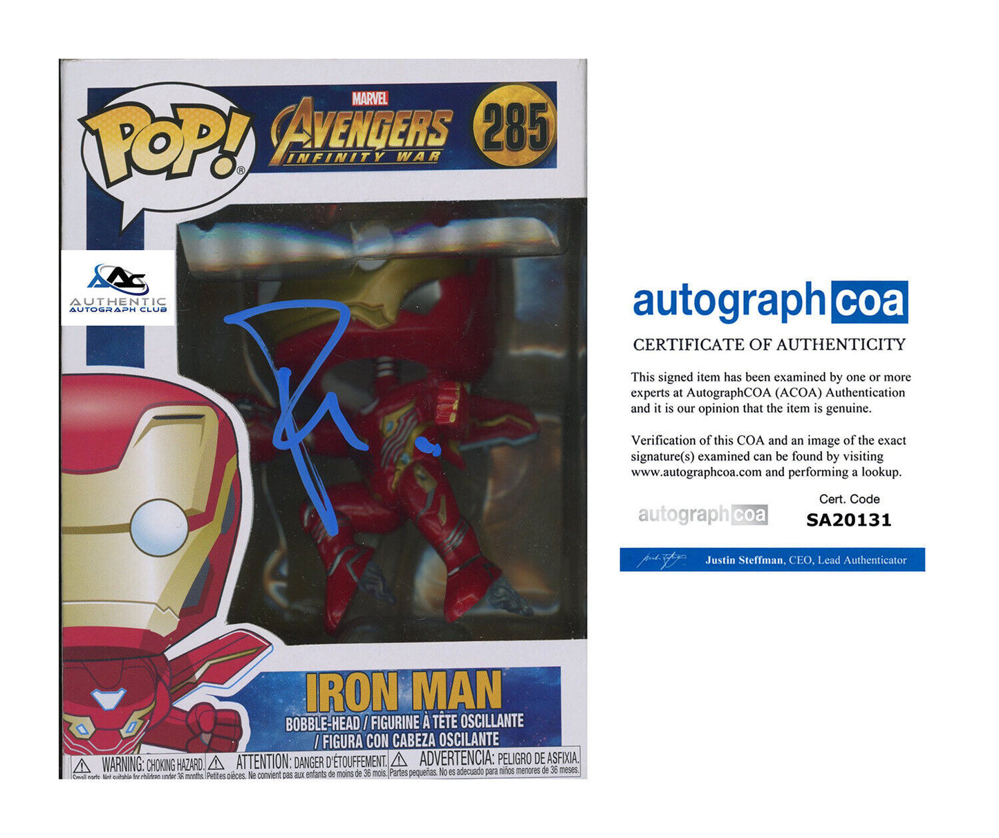 ROBERT DOWNEY JR AUTOGRAPH SIGNED MARVEL AVENGERS IRON MAN FUNKO POP 285 ACOA