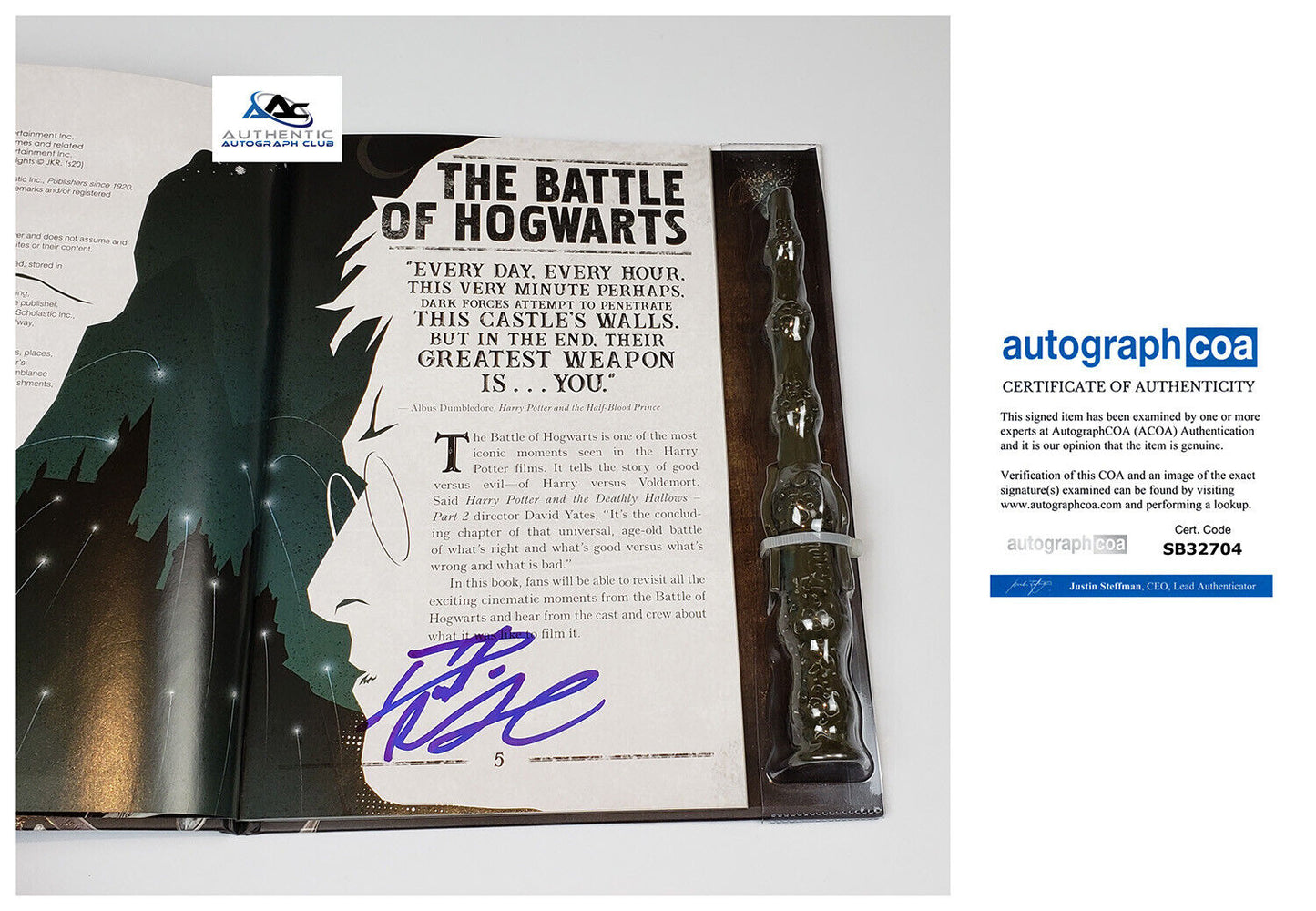 DANIEL RADCLIFFE AUTOGRAPH SIGNED HARRY POTTER BOOK WITH LIGHT UP WAND ACOA COA