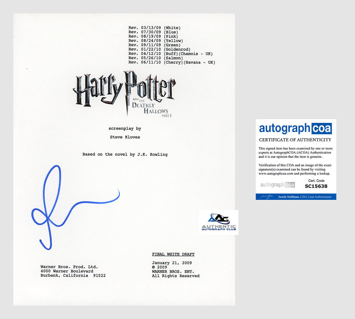 RUPERT GRINT AUTOGRAPH SIGNED HARRY POTTER DEATHLY HALLOWS FULL SCRIPT ACOA